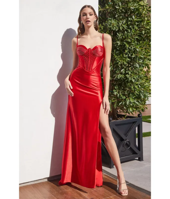 Cinderella Divine  Red Satin Sleeveless Beaded Corset Prom Dress sold by Unique Vintage
