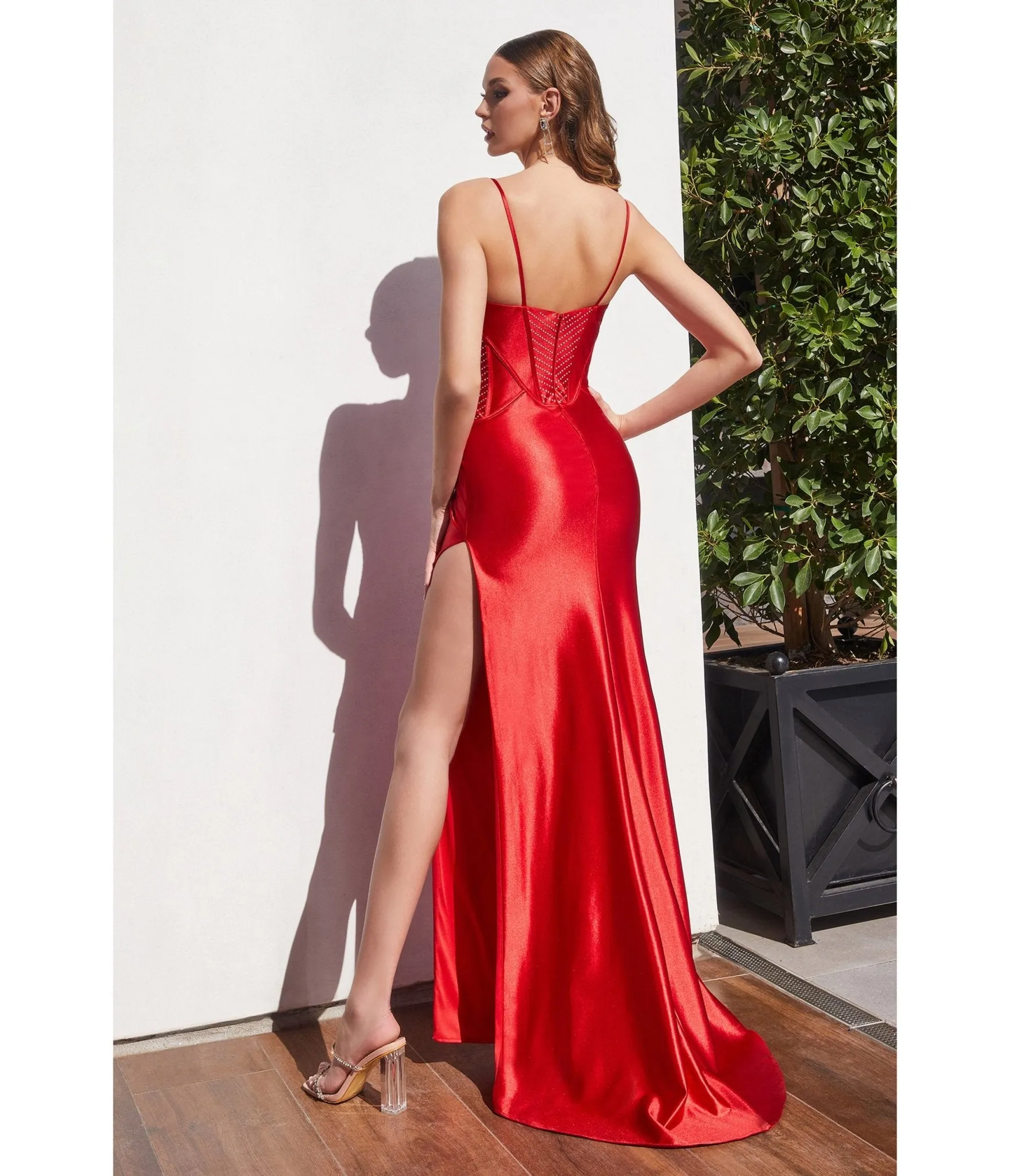 Cinderella Divine Red Satin Sleeveless Beaded Corset Prom Dress sold by Unique Vintage product image thumbnail 2