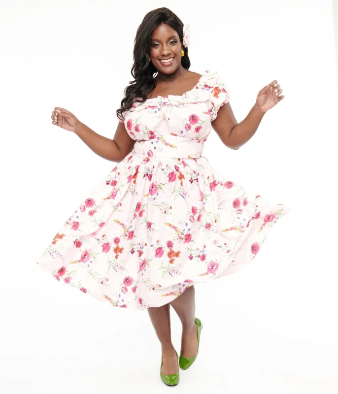 Unique Vintage Plus Size 1950s Pink Floral Off The Shoulder Ruffle Swing Dress sold by Unique Vintage