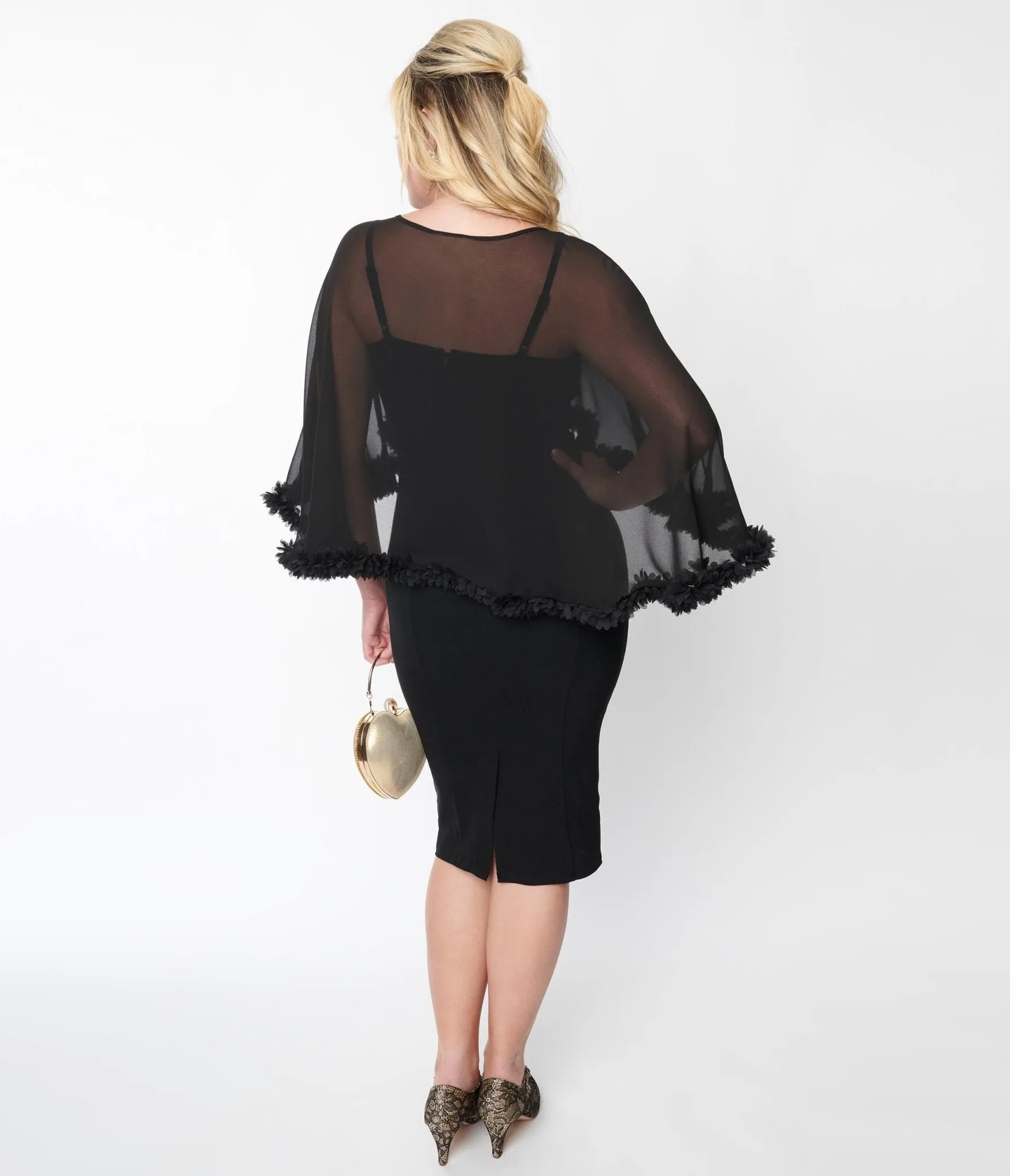 Unique Vintage Black Ruffle Capelet Wiggle Dress sold by Unique Vintage product image thumbnail 3