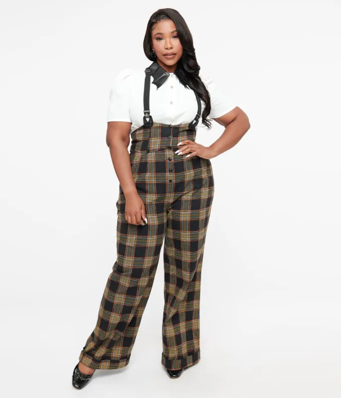 Unique Vintage Plus Size 1930s Black & Orange Plaid Thelma Suspender Pants sold by Unique Vintage