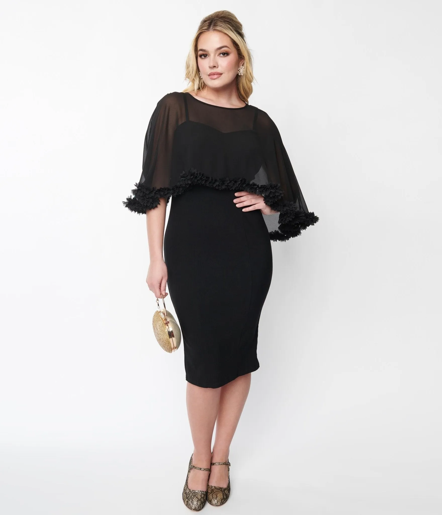 Unique Vintage Black Ruffle Capelet Wiggle Dress sold by Unique Vintage
