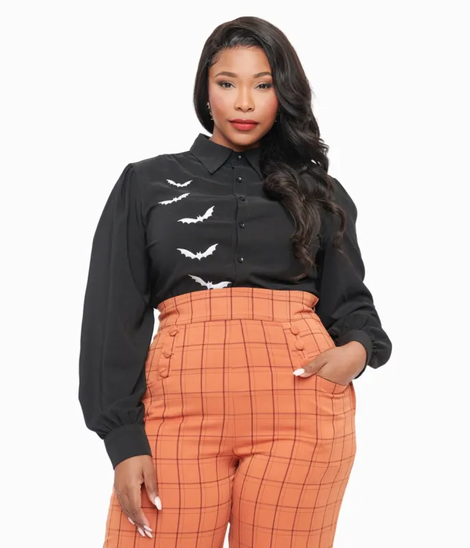 Plus Size 1950s Black & Silver Bat Button Up Blouse sold by Unique Vintage