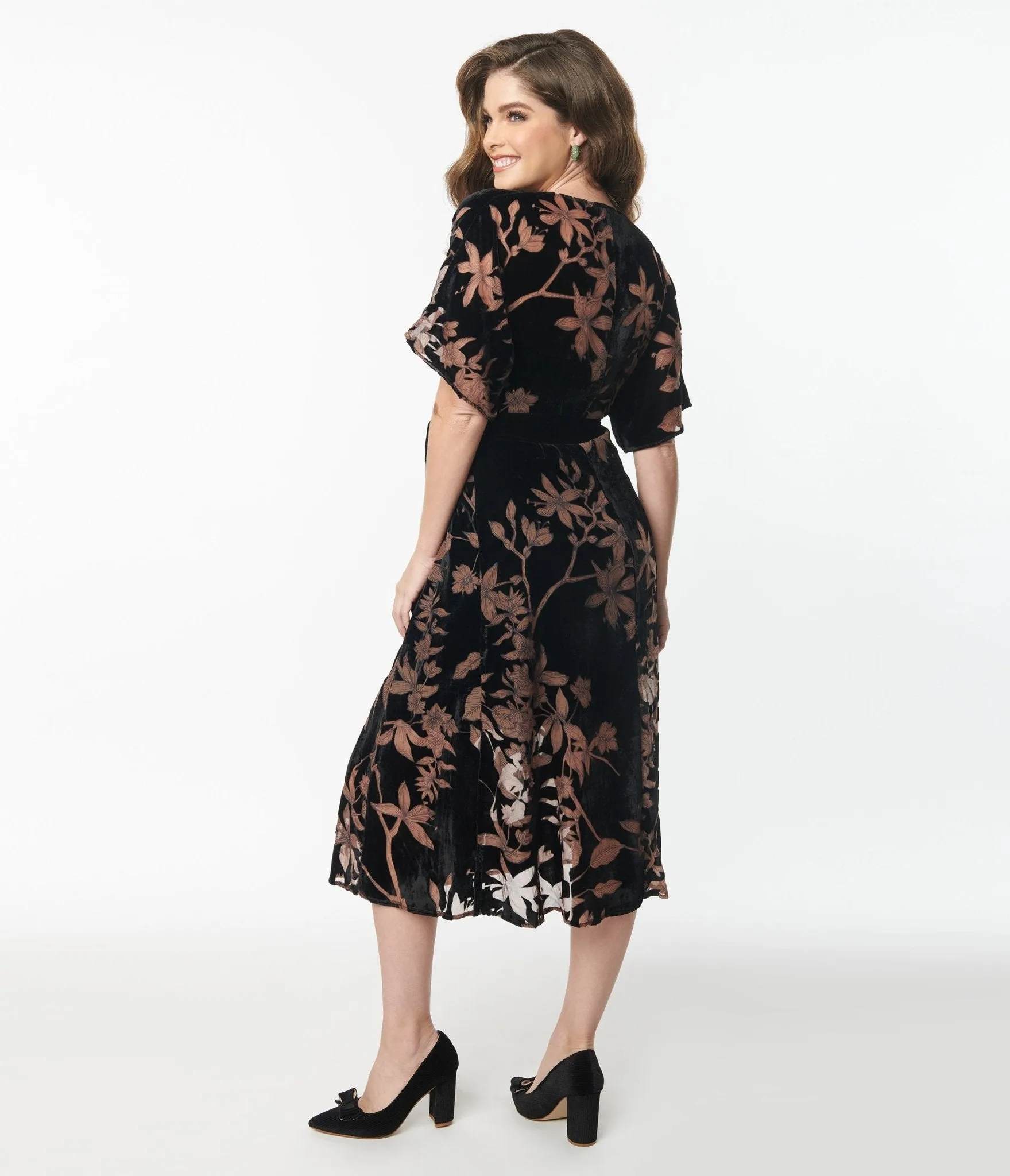 Unique Vintage 1970s Black Floral Velvet Wrap Midi Dress sold by Unique Vintage product image thumbnail 3