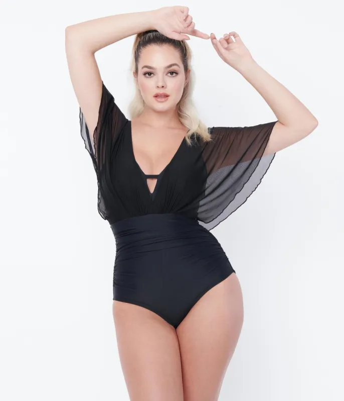 Unique Vintage Black Mesh Sleeved Torrey Swimsuit made by Unique Vintage