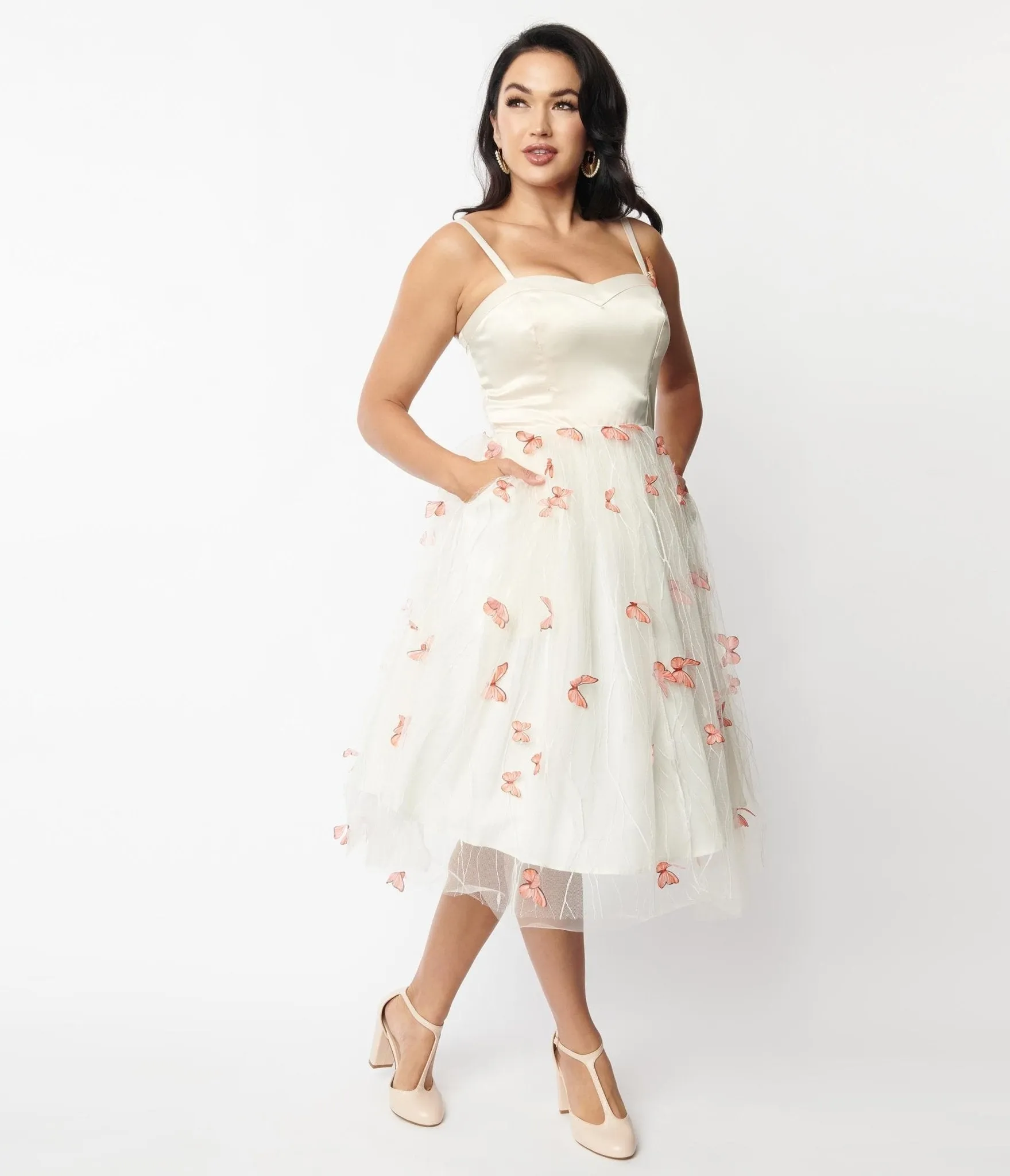 Unique Vintage Ivory & Butterfly Bertie Swing Dress sold by Unique Vintage