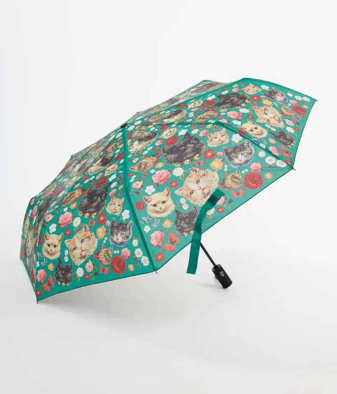 Green Kitschy Kitty Cat Print Umbrella sold by Unique Vintage