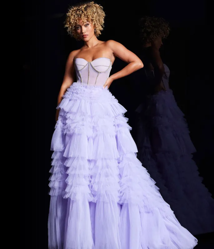 Jovani Lavender Ruffle Tiered Strapless Sweetheart Ballgown sold by Unique Vintage
