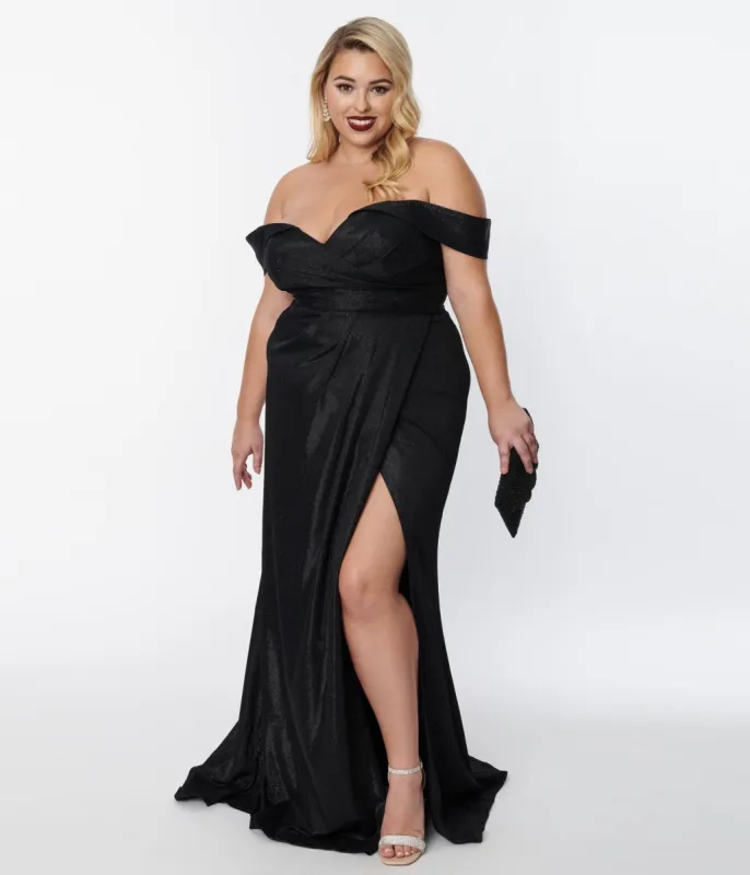 Plus Size Elegant Black Shimmer Off The Shoulder Dress sold by Unique Vintage