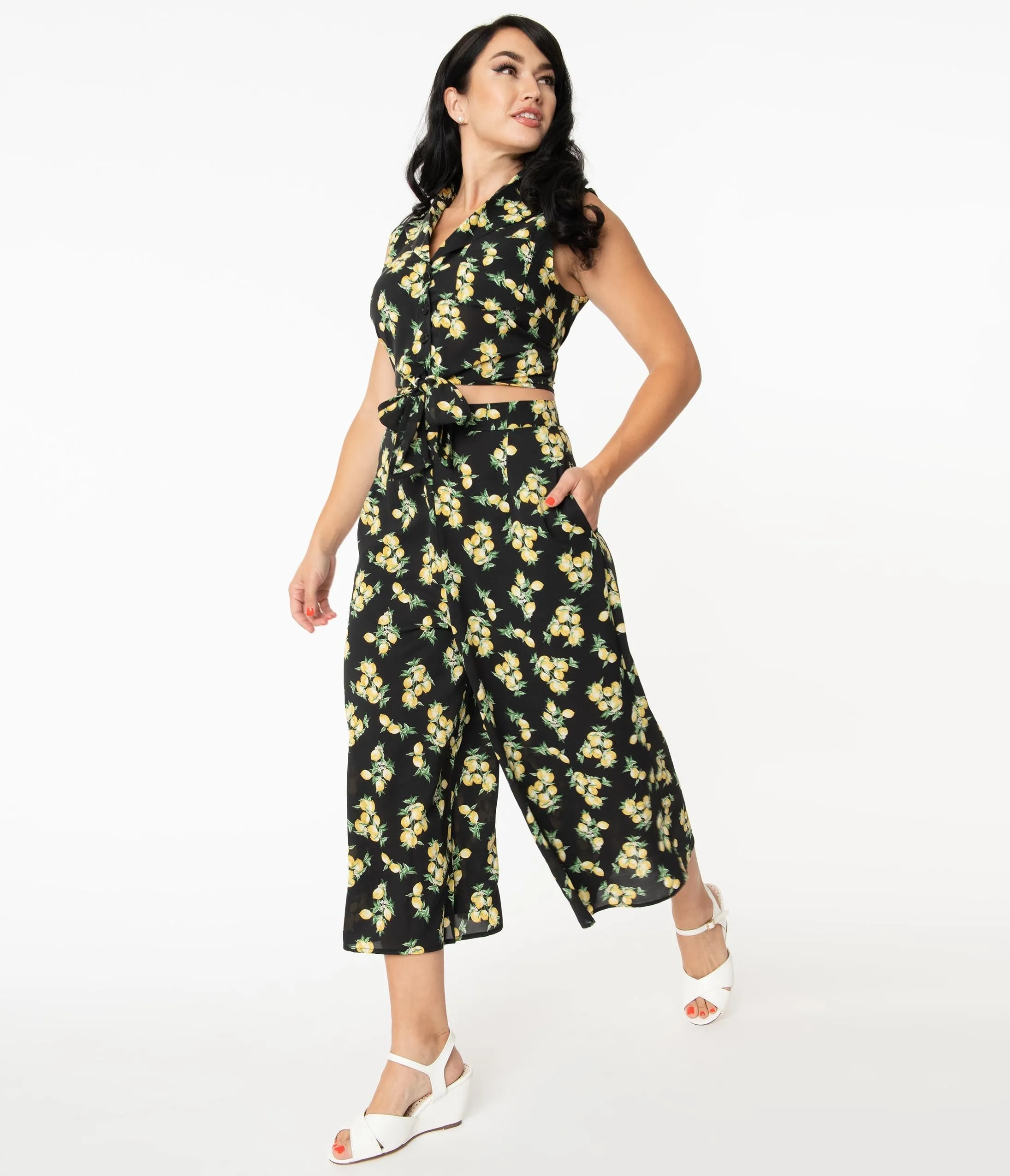 Unique Vintage 1940s Black & Lemon Print Wide Leg Sicily Pants sold by Unique Vintage product image thumbnail 4