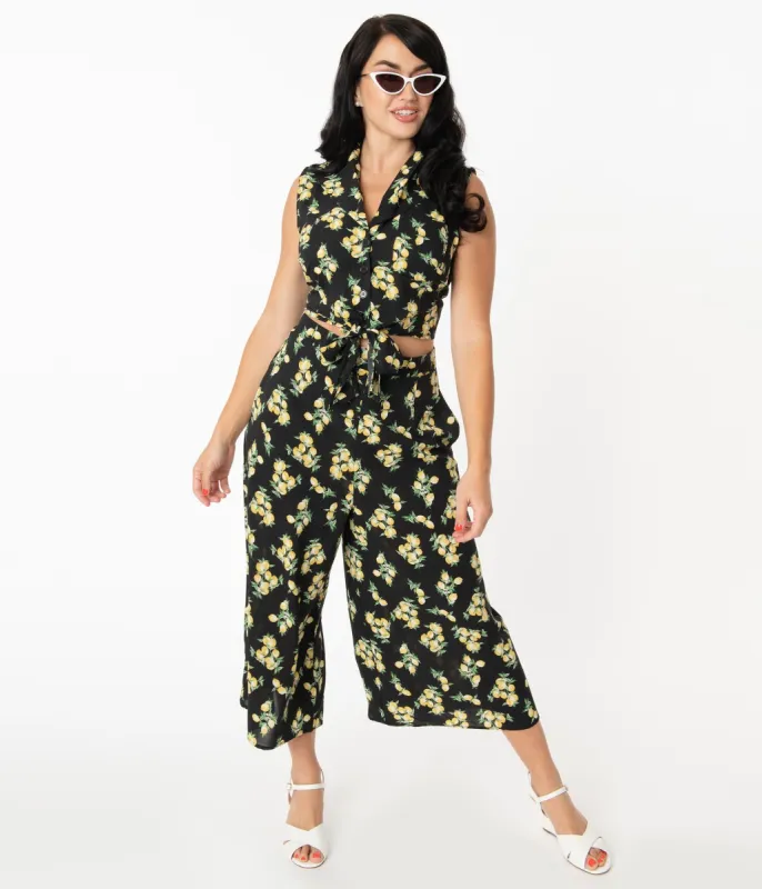 Unique Vintage 1940s Black & Lemon Print Wide Leg Sicily Pants sold by Unique Vintage