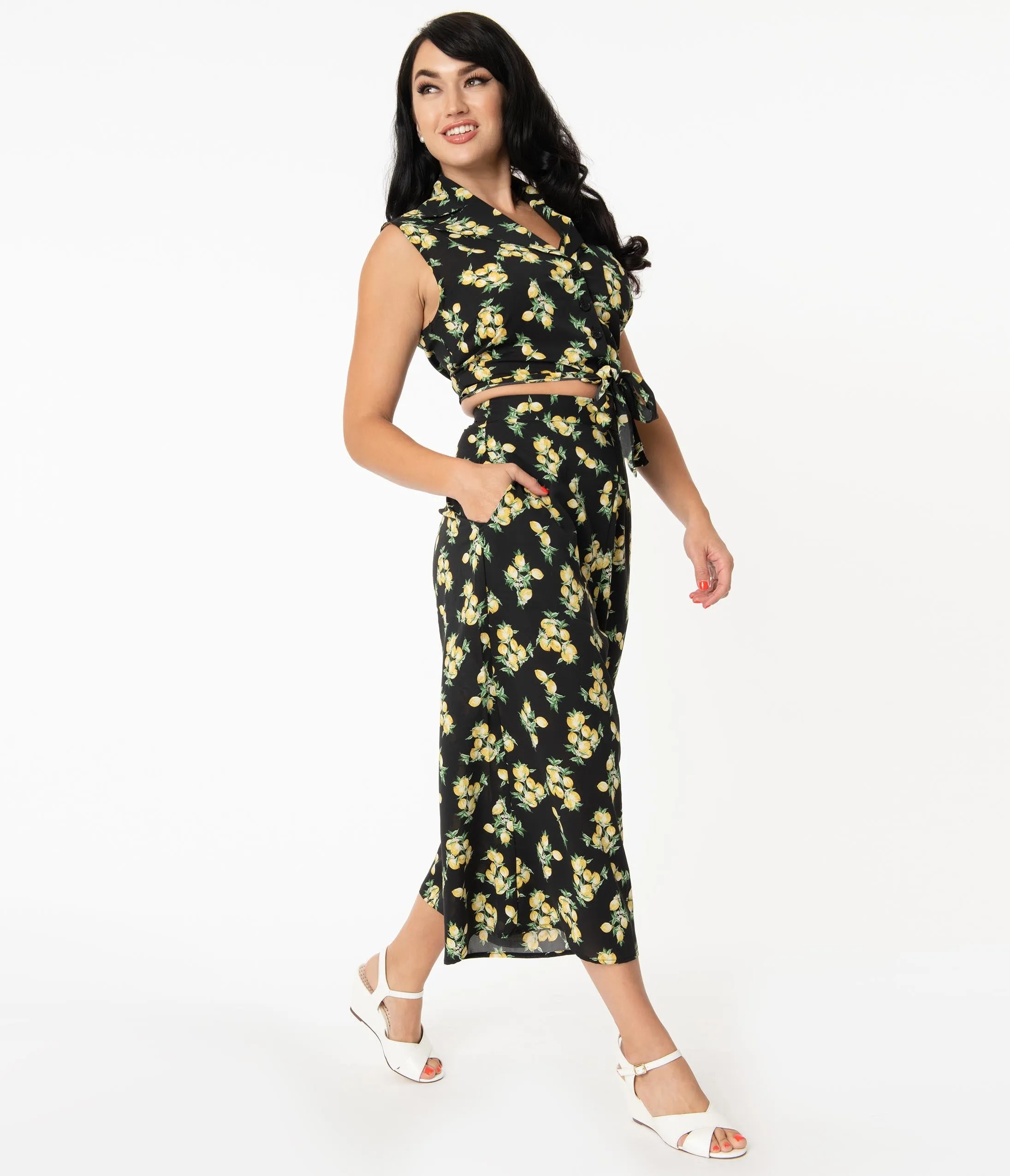 Unique Vintage 1940s Black & Lemon Print Wide Leg Sicily Pants sold by Unique Vintage product image thumbnail 5