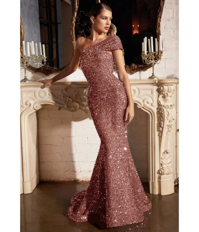 Cinderella Divine Dusty Rose Sequin One Shoulder Mermaid Prom Gown made by Unique Vintage
