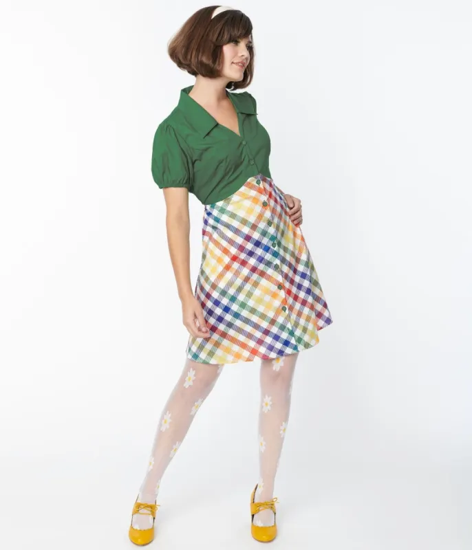 Smak Parlour 1970s Green & Rainbow Gingham Mini Shirt Dress sold by Unique Vintage