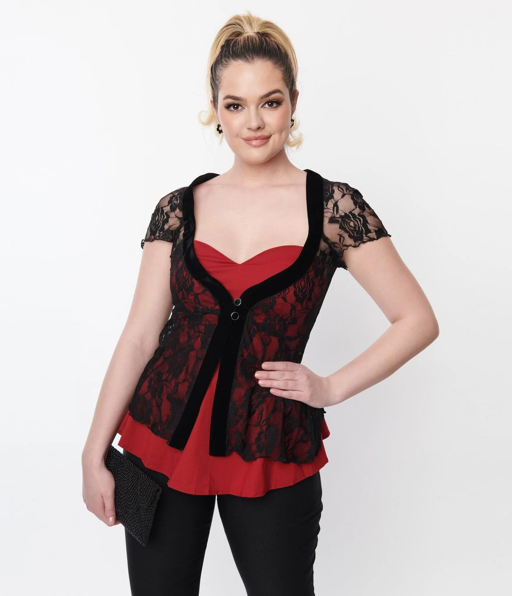 Black & Red Rose Lace Top sold by Unique Vintage