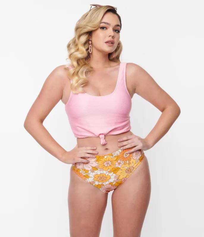 Pink & Orange Florals Reversible Swim Bottom sold by Unique Vintage