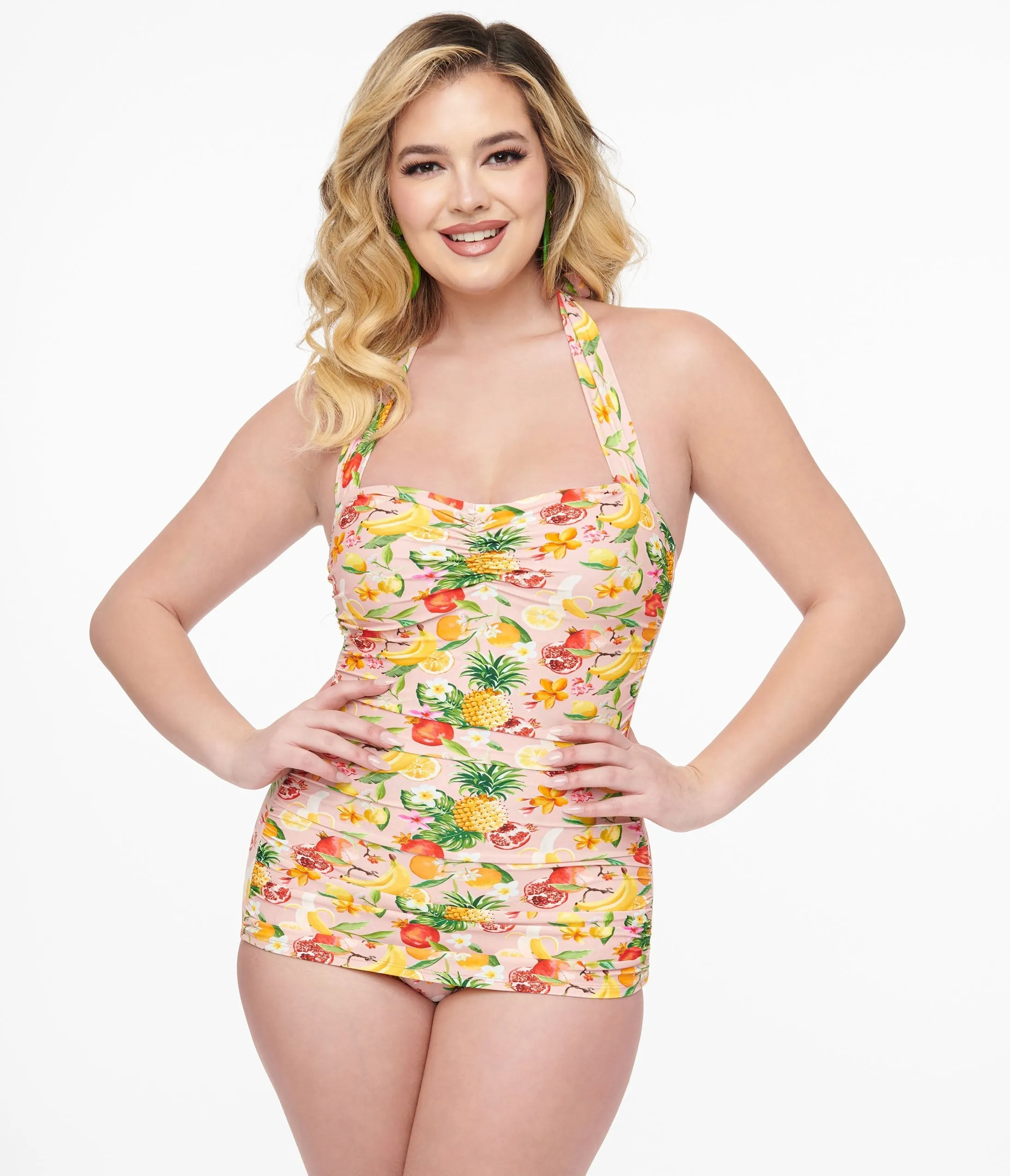 Esther Williams 1950s Light Pink & Fruit Print One Piece Swimsuit sold by Unique Vintage