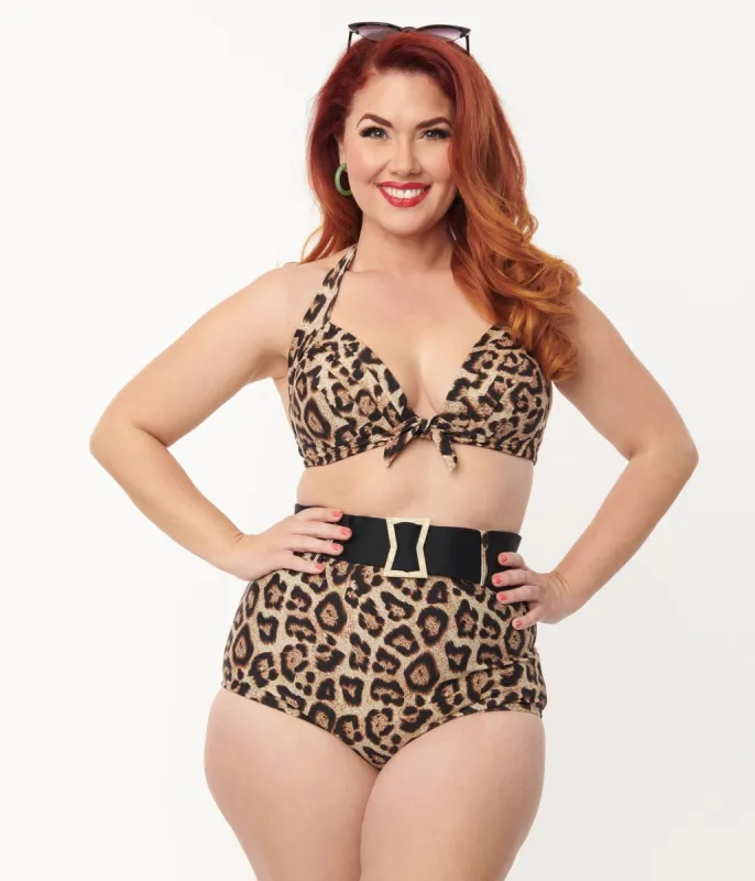 Unique Vintage Plus Size Leopard Print High Waist Belted Swim Bottom sold by Unique Vintage