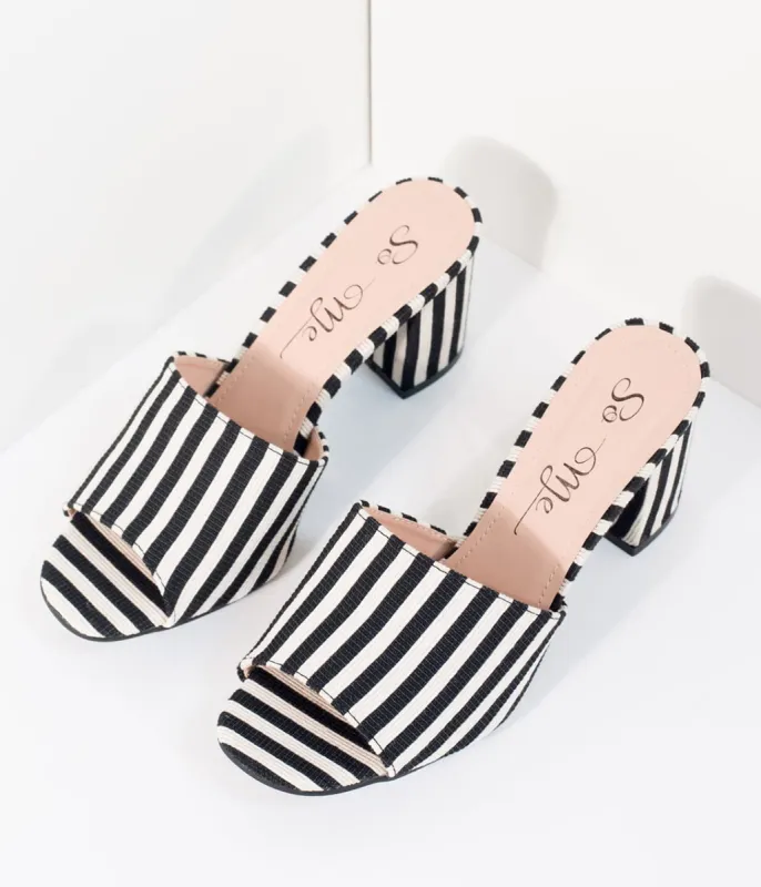 Black & White Stripe Woven Peep Toe Mule Heels sold by Unique Vintage
