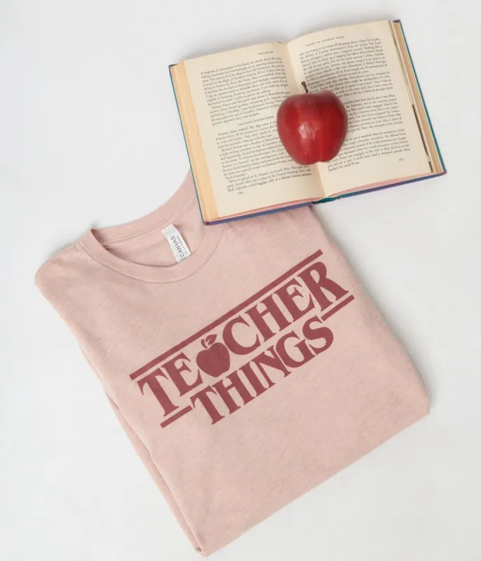 Dusty Pink Teacher Things Fitted Womens Graphic Tee sold by Unique Vintage