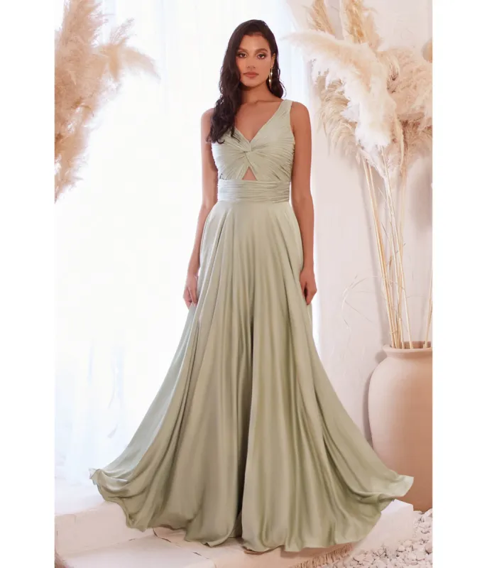 Ladivine by Cinderella Divine Sage Satin Ruched Knotted Keyhole Evening Gown sold by Unique Vintage