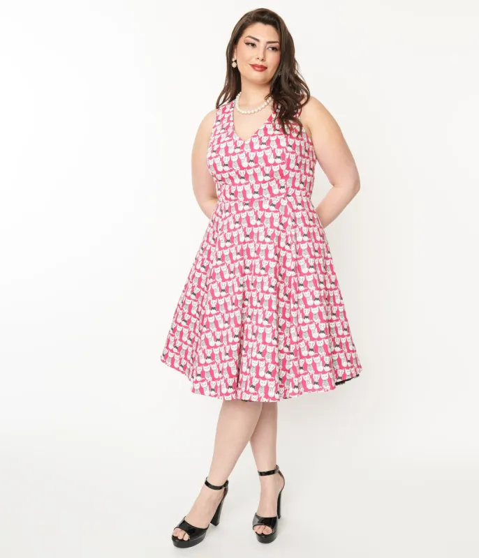 Plus Size 1950s Style Hot Pink Cat Print Sleeveless Swing Dress sold by Unique Vintage