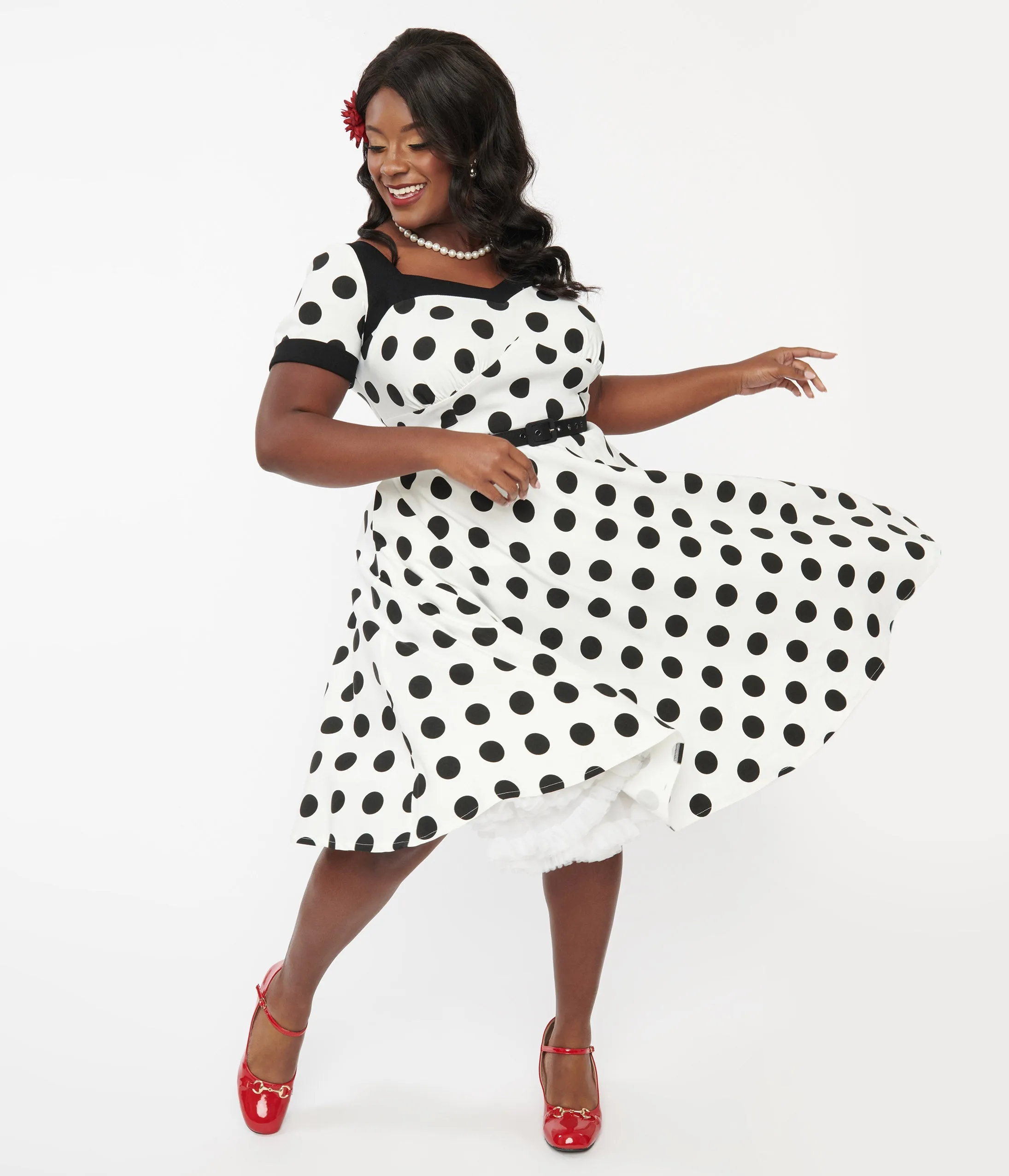 Unique Vintage Plus Size 1950s White & Black Polka Dot Swing Dress sold by Unique Vintage