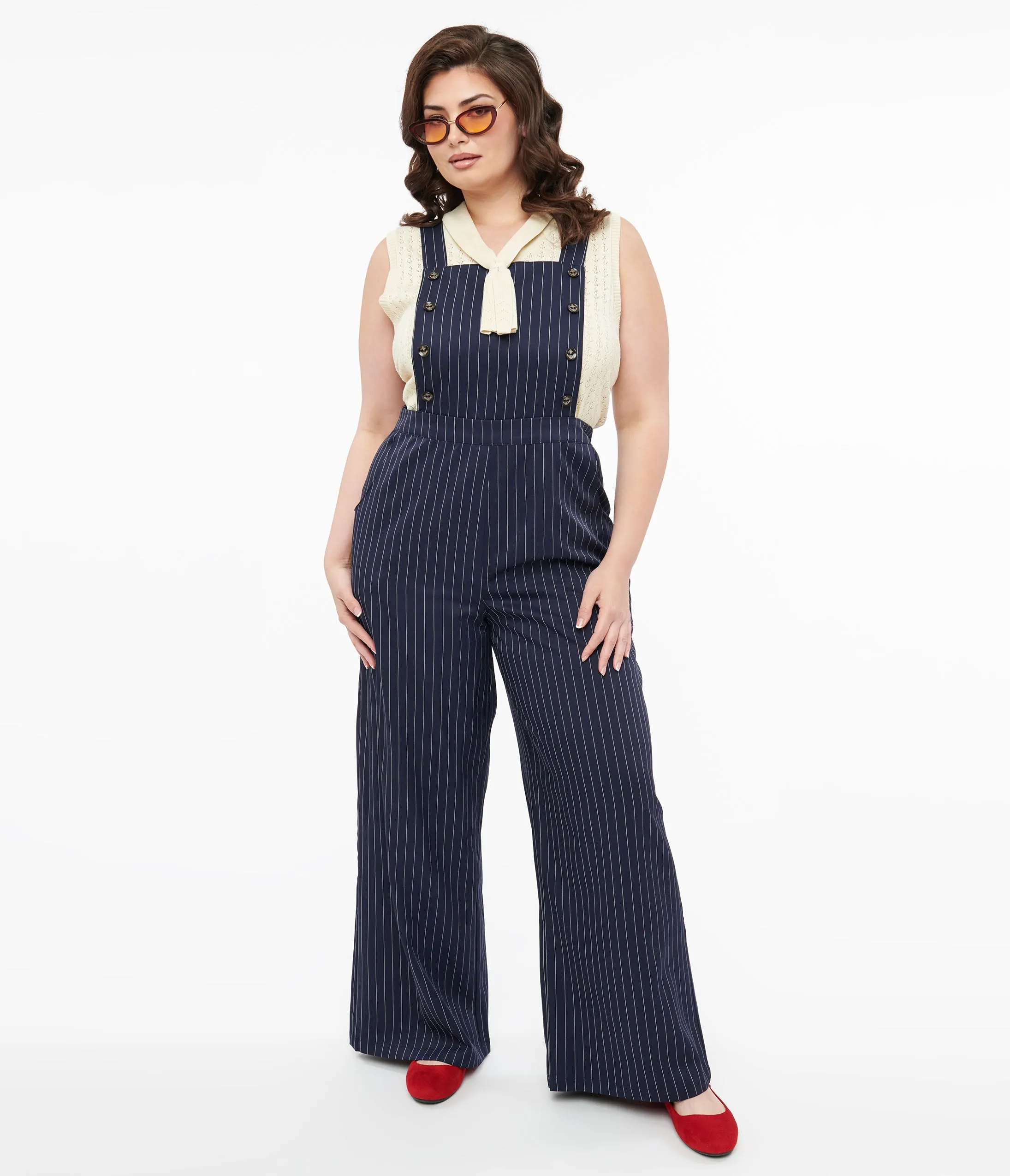 Plus Size 1940s Navy & White Pinstripe Wide Leg Overalls sold by Unique Vintage product image thumbnail 3