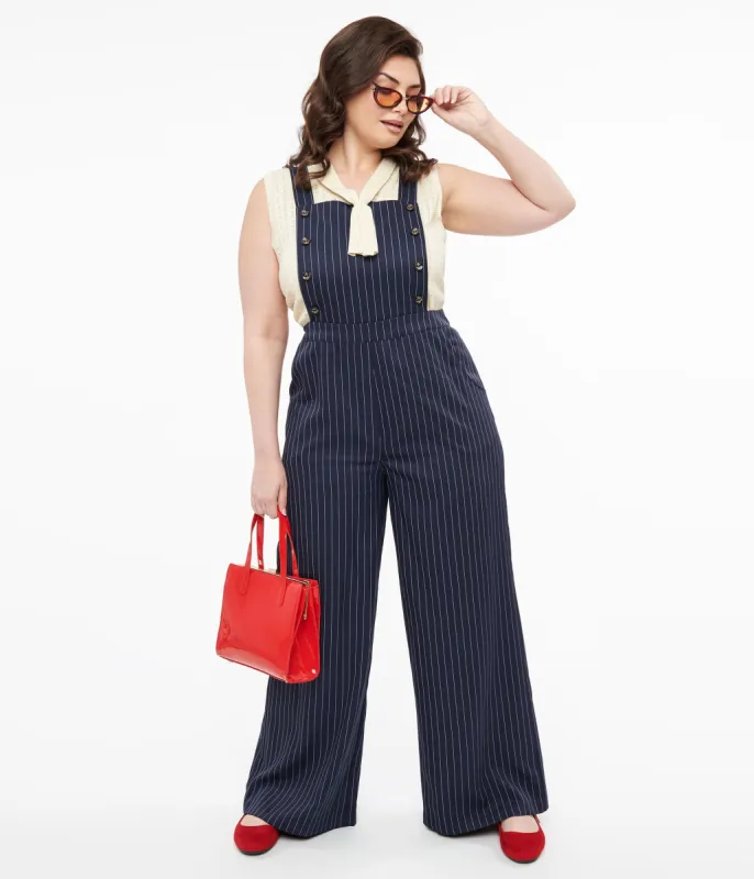Plus Size 1940s Navy & White Pinstripe Wide Leg Overalls sold by Unique Vintage