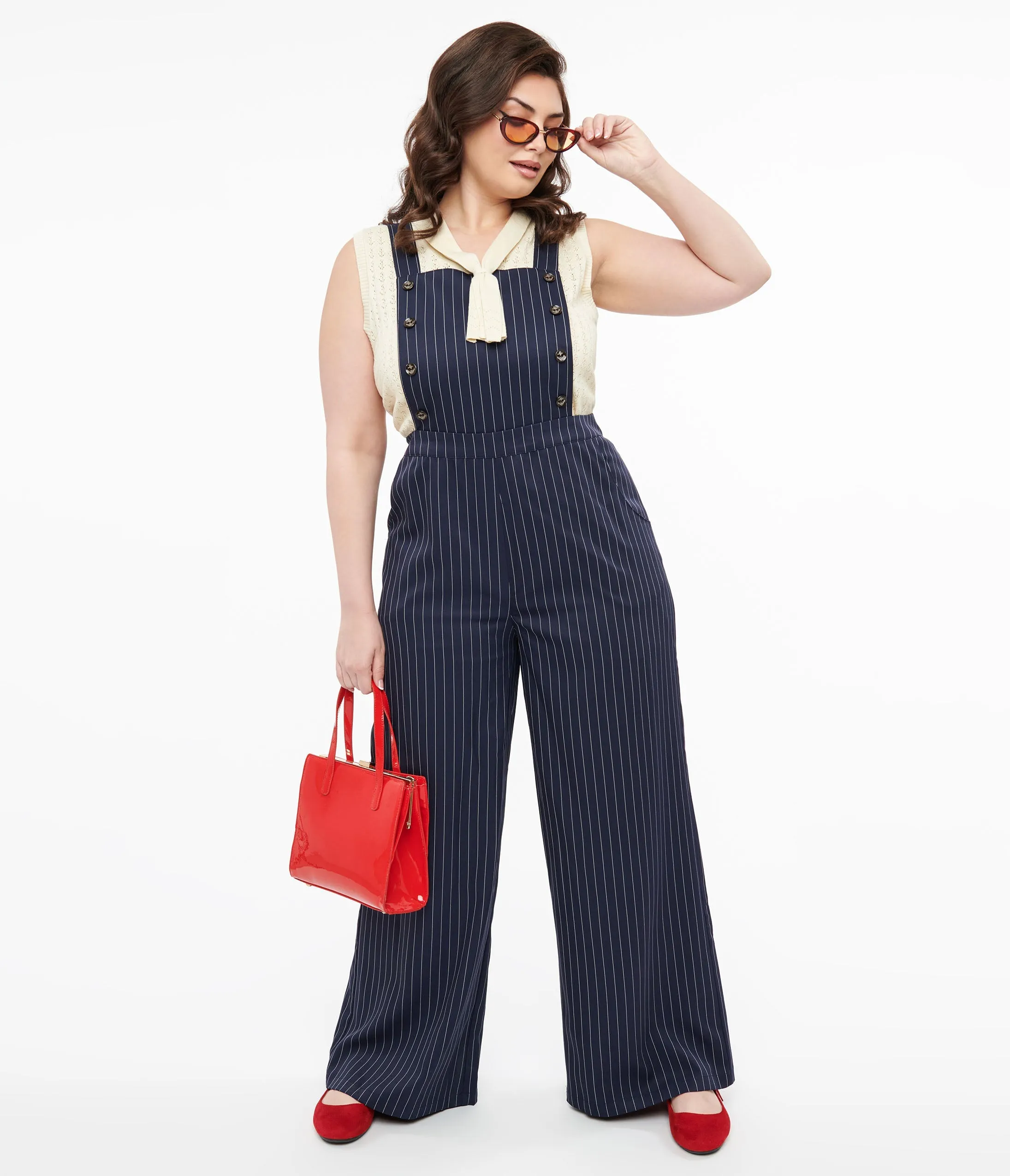 Plus Size 1940s Navy & White Pinstripe Wide Leg Overalls sold by Unique Vintage