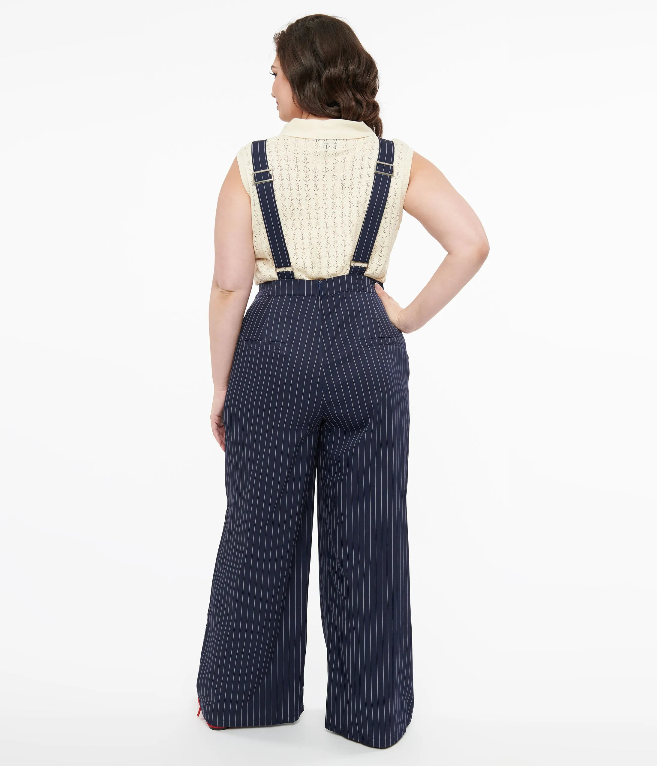 Plus Size 1940s Navy & White Pinstripe Wide Leg Overalls sold by Unique Vintage product image thumbnail 2