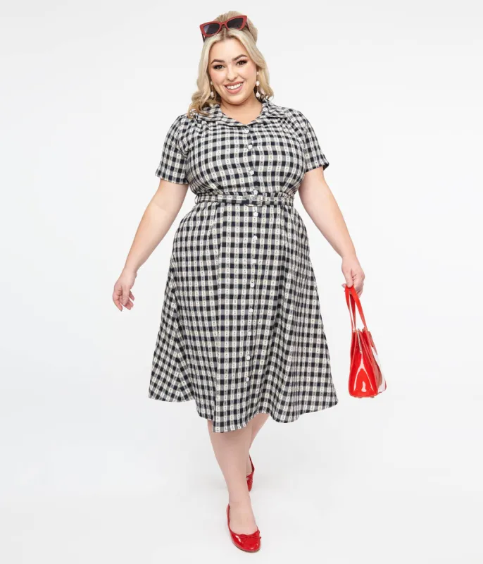 Plus Size 1940s Navy Plaid Cherry Cotton Midi Dress sold by Unique Vintage