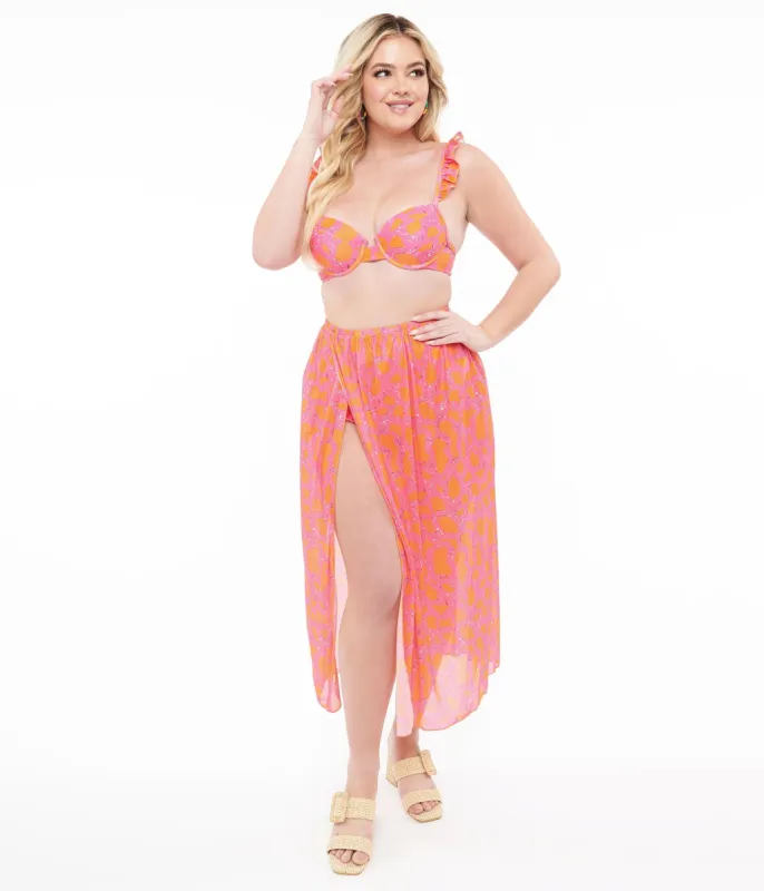 1970s Neon Pink & Neon Orange Two Piece Swimsuit Set & Coverup Skirt sold by Unique Vintage