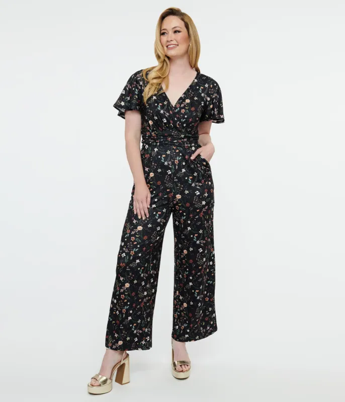 Dolly & Dotty Black Floral Meadow Butterfly Sleeve Jumpsuit made by Unique Vintage