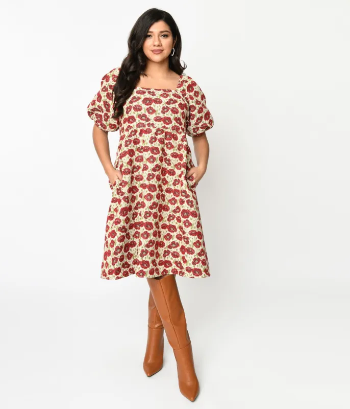 Ivory & Red Floral Kiss Jacquard Fit & Flare Dress sold by Unique Vintage