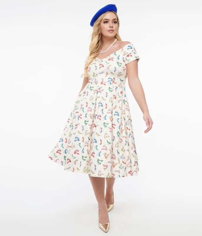 Dolly & Dotty 1950s Cream & Multicolor Heels Swing Dress sold by Unique Vintage