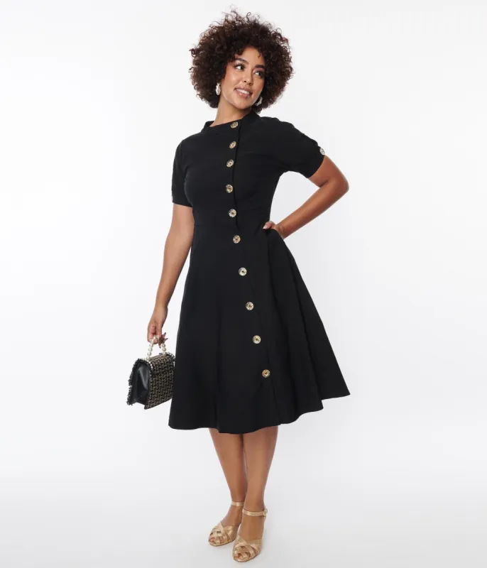 Unique Vintage Black Button Swing Dress sold by Unique Vintage