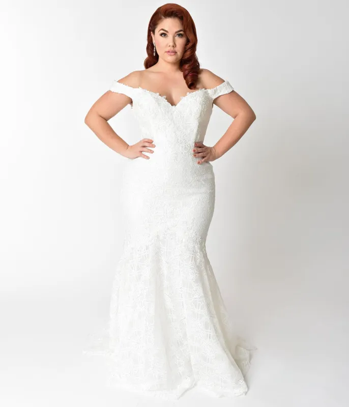 Plus Size Ivory Floral Lace Pearl Beaded Mermaid Wedding Gown sold by Unique Vintage