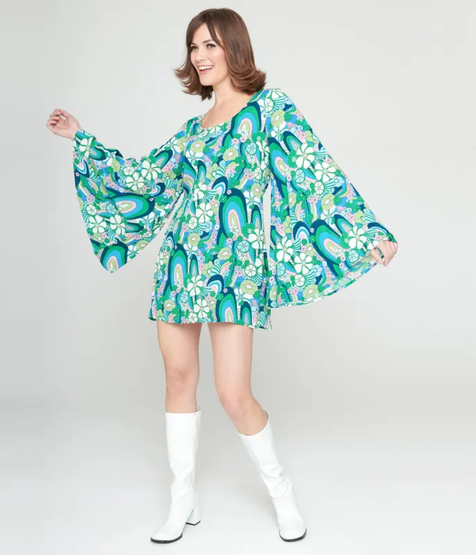 Smak Parlour 1960s Teal Floral Psychedelic Downtown Scene Mini Dress sold by Unique Vintage
