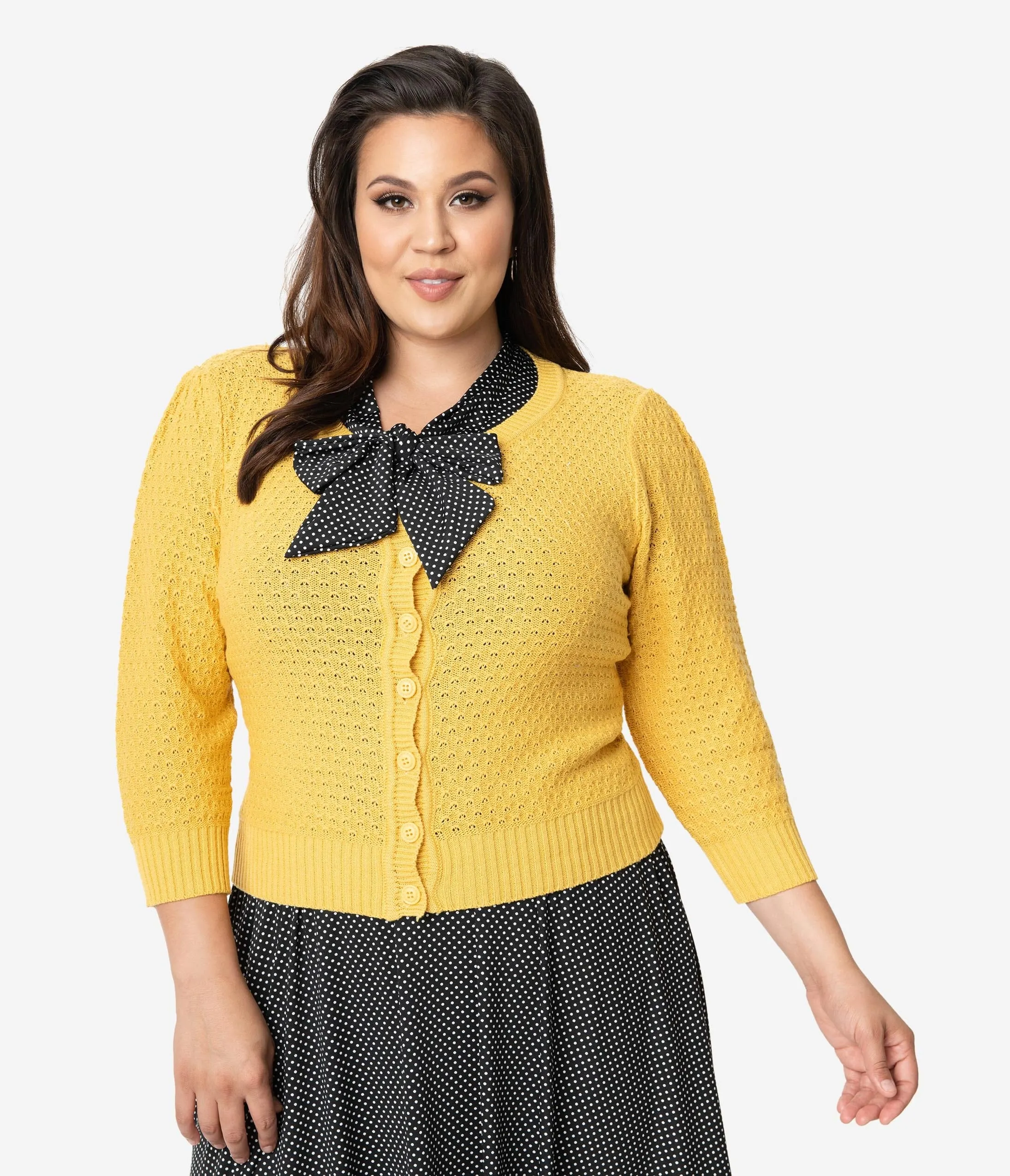 Plus Size Retro Style Honey Yellow Cotton Crochet Sleeved Button Cardigan sold by Unique Vintage product image thumbnail 4