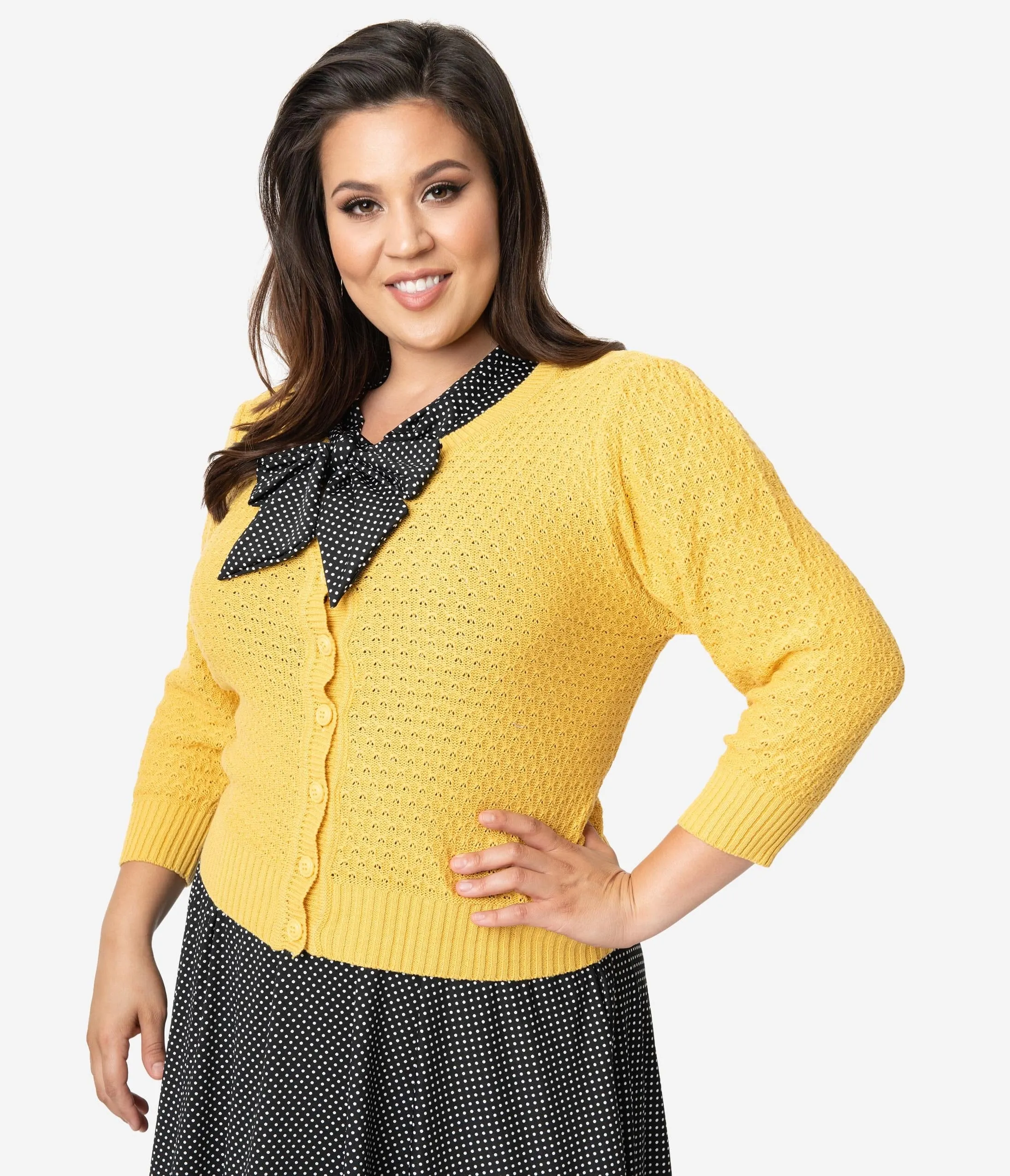 Plus Size Retro Style Honey Yellow Cotton Crochet Sleeved Button Cardigan sold by Unique Vintage