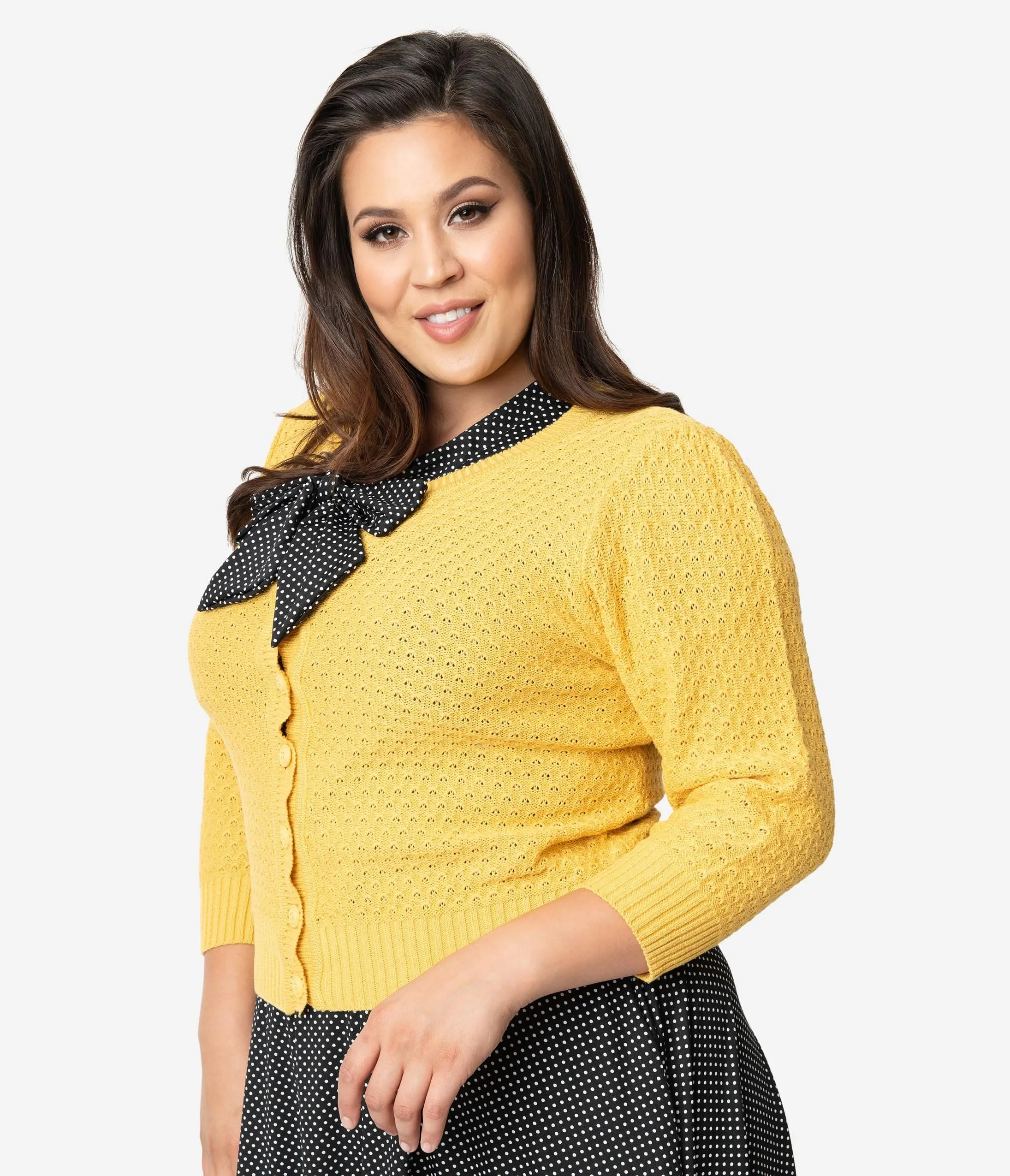 Plus Size Retro Style Honey Yellow Cotton Crochet Sleeved Button Cardigan sold by Unique Vintage product image thumbnail 5
