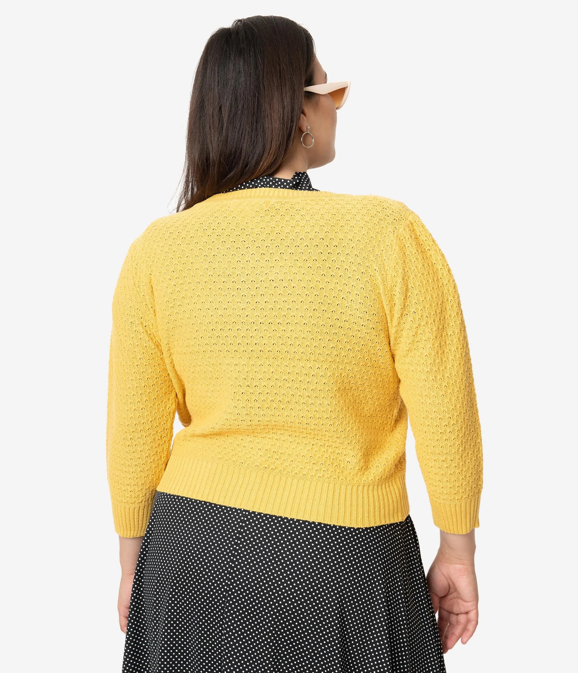 Plus Size Retro Style Honey Yellow Cotton Crochet Sleeved Button Cardigan sold by Unique Vintage product image thumbnail 2