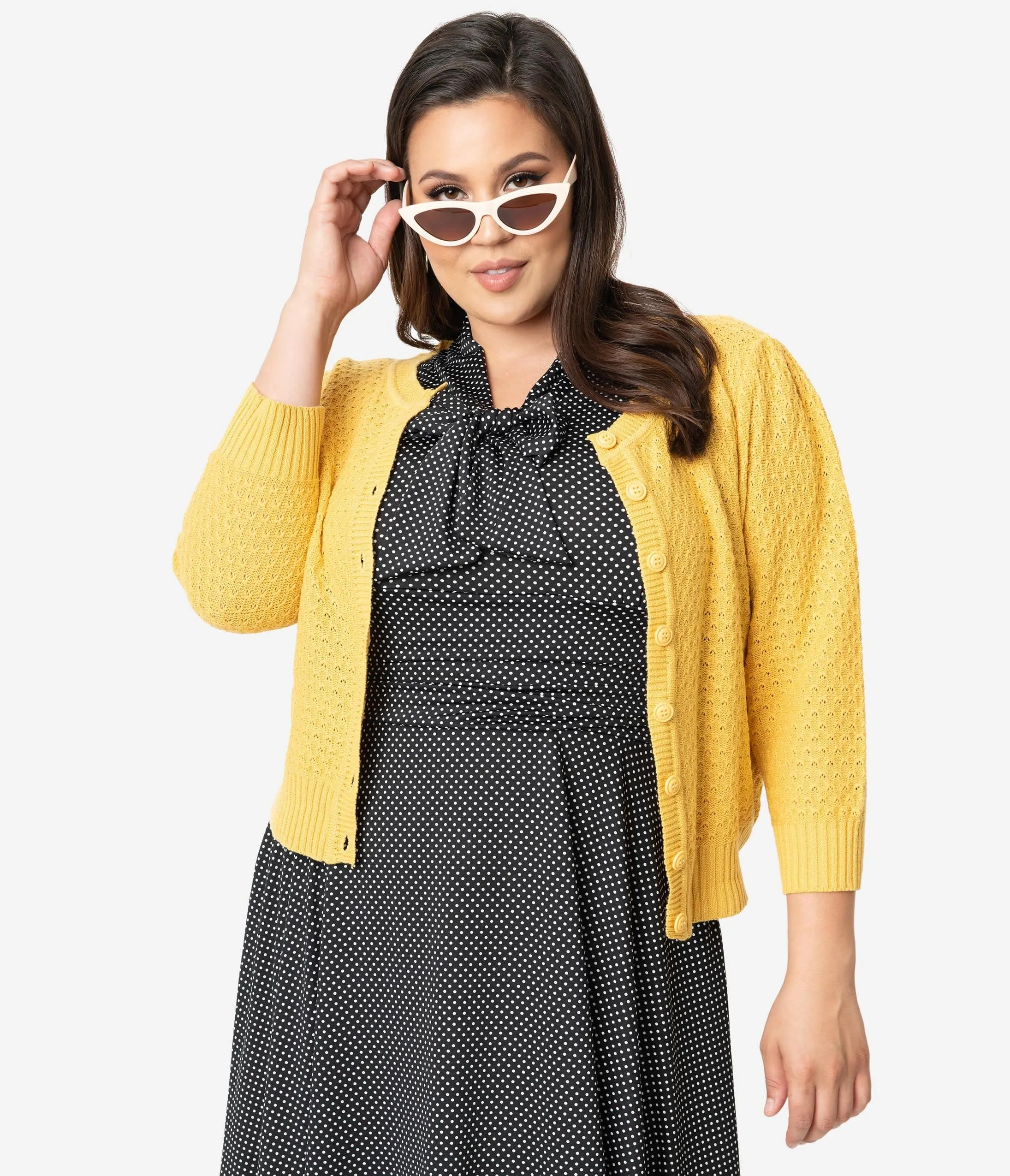 Plus Size Retro Style Honey Yellow Cotton Crochet Sleeved Button Cardigan sold by Unique Vintage product image thumbnail 3