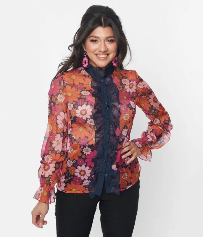 Smak Parlour Mod Daisy & Navy Ruffle Neck Blouse sold by Unique Vintage