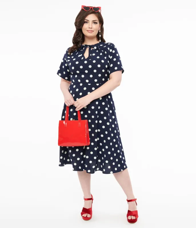 Plus Size 1940s Navy & White Polka Dot Set Sail Swing Dress sold by Unique Vintage