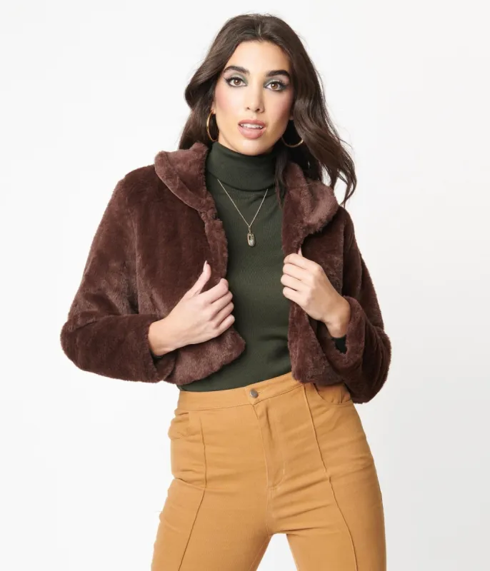 1970s Retro Style Brown Faux Fur Crop Jacket sold by Unique Vintage