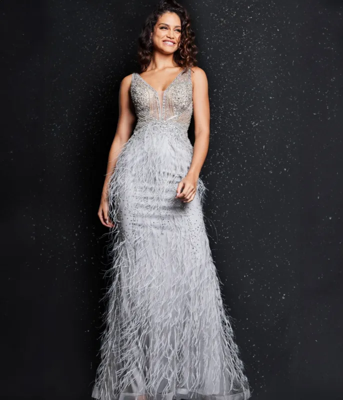 Jovani Grey & Silver Feather Embellished Evening Gown sold by Unique Vintage