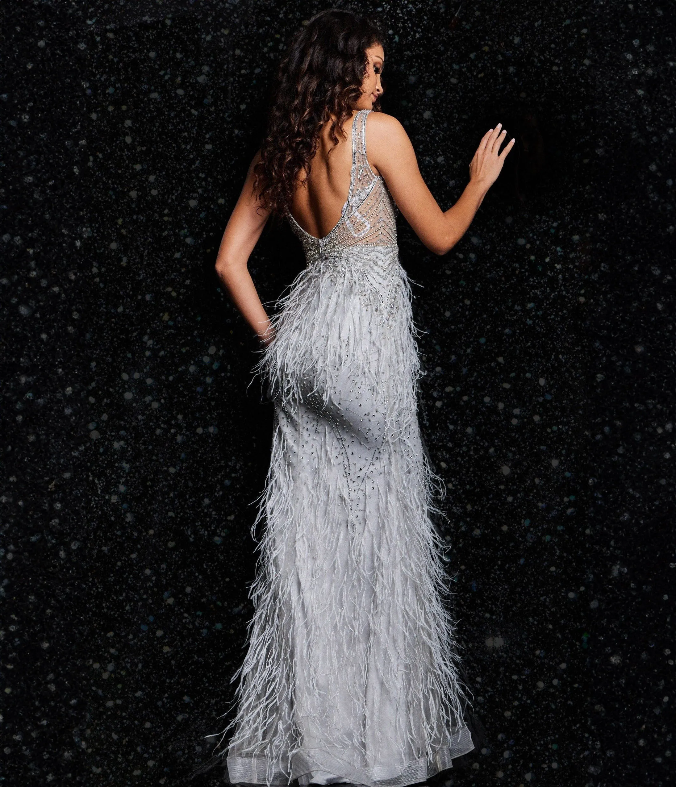 Jovani Grey & Silver Feather Embellished Evening Gown sold by Unique Vintage product image thumbnail 4