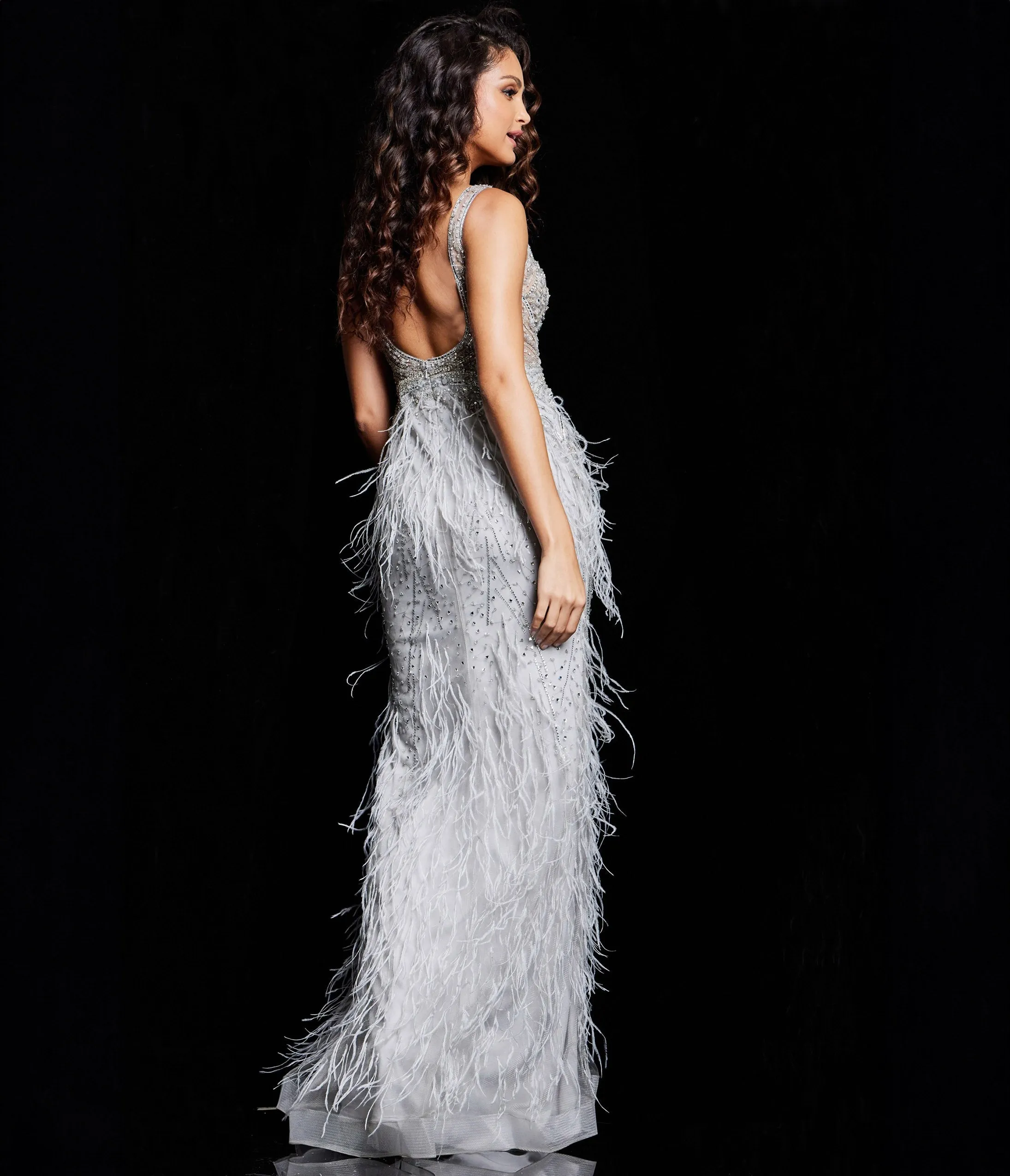 Jovani Grey & Silver Feather Embellished Evening Gown sold by Unique Vintage product image thumbnail 2